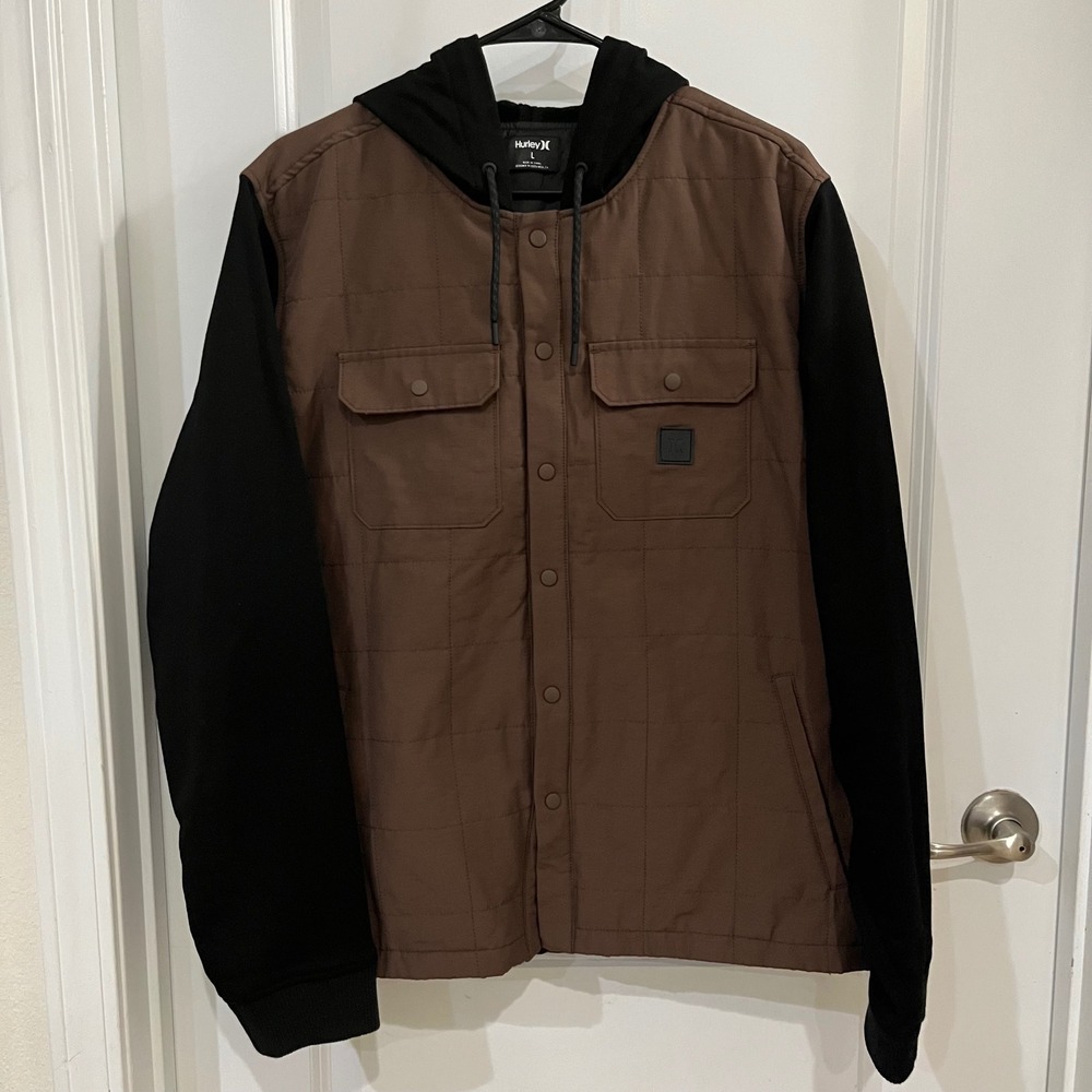Hurley Mens Quilted Hooded Shirt Jacket Brown Black Snap Front Size Large